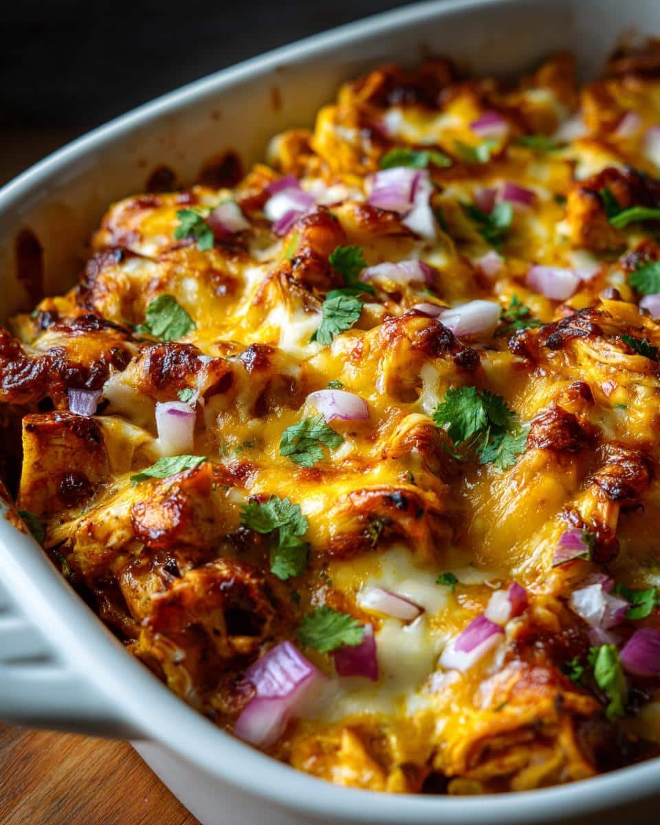 Easy Keto BBQ Chicken Casserole Recipe: 5-Star Comfort 8 Close-up of Easy Keto BBQ Chicken Casserole in a white baking dish, topped with cheese, red onions and cilantro.