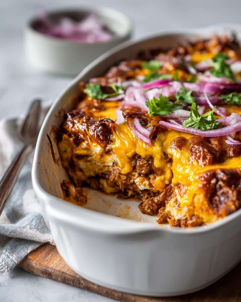 Easy Keto BBQ Chicken Casserole Recipe: 5-Star Comfort 9 Close-up of Easy Keto BBQ Chicken Casserole topped with cheese, red onions, and cilantro in a white baking dish.