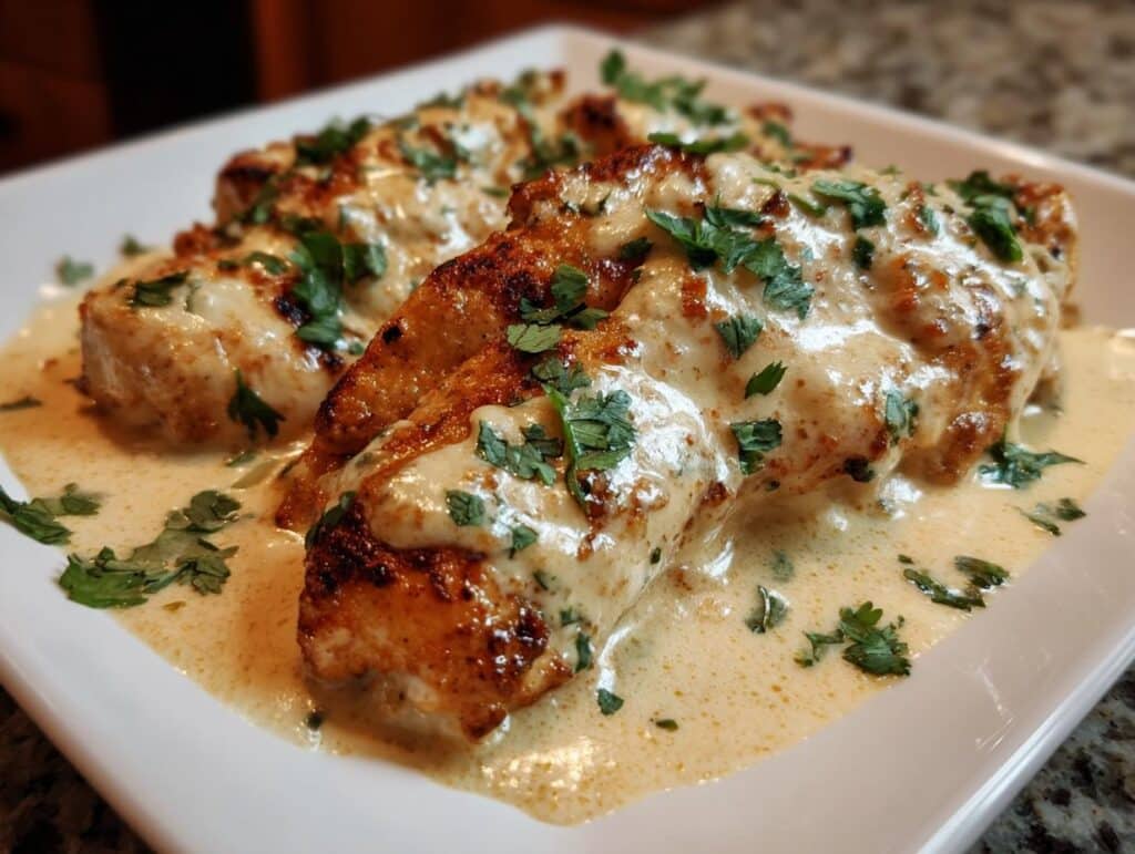 Close-up of Easy Mexican Chicken Cheese, featuring chicken breasts with creamy sauce and cilantro garnish.