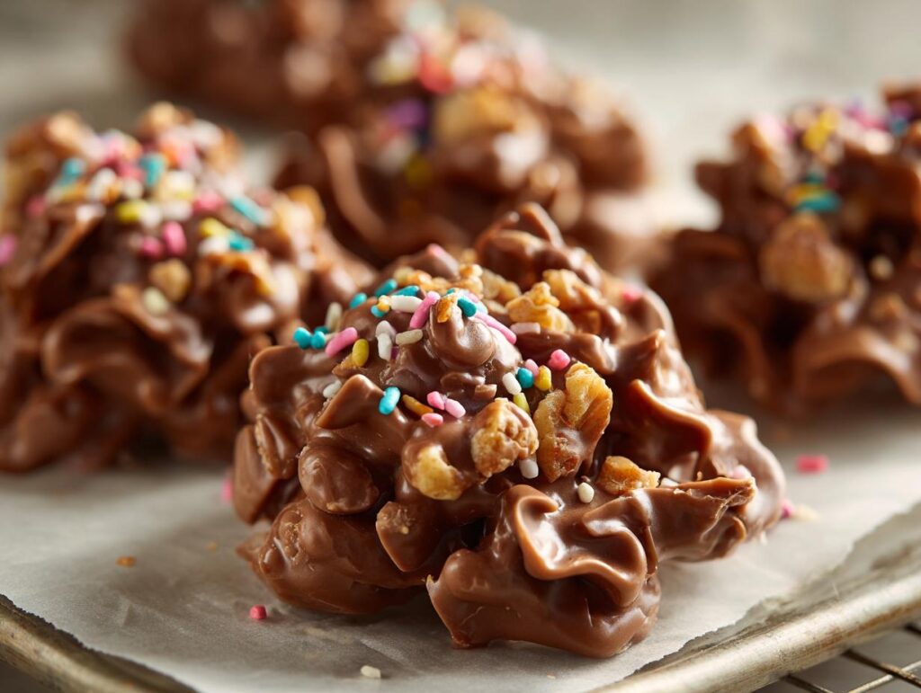 Delicious Easy Potato Chip Candy Clusters with Nuts & Sprinkles, covered in chocolate and colorful sprinkles.