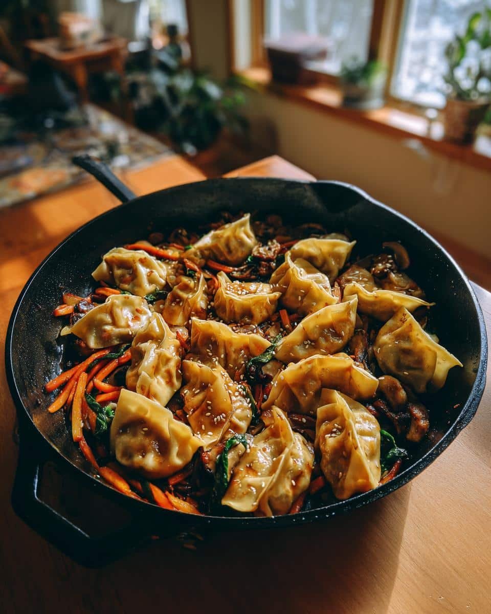 Easy Potsticker Stir Fry Recipe: Delicious in 20 Minutes 9 A pan filled with Easy Potsticker Stir Fry Recipe, featuring potstickers, carrots, spinach, and sesame seeds.