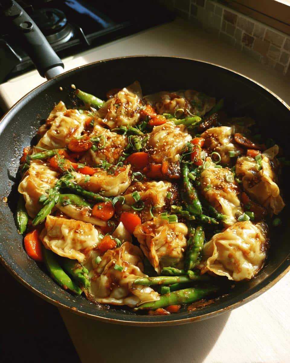 Easy Potsticker Stir Fry Recipe: Delicious in 20 Minutes 6 A pan filled with Easy Potsticker Stir Fry, featuring potstickers, green beans, carrots, and a savory sauce.