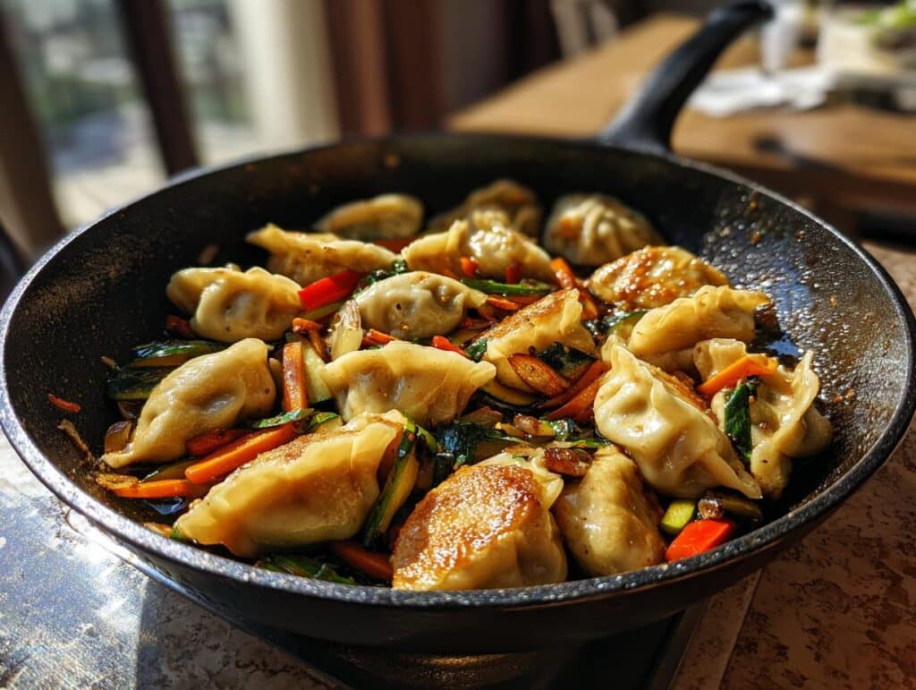 Pan of Easy Potsticker Stir Fry Recipe with potstickers, zucchini, carrots, and red peppers.
