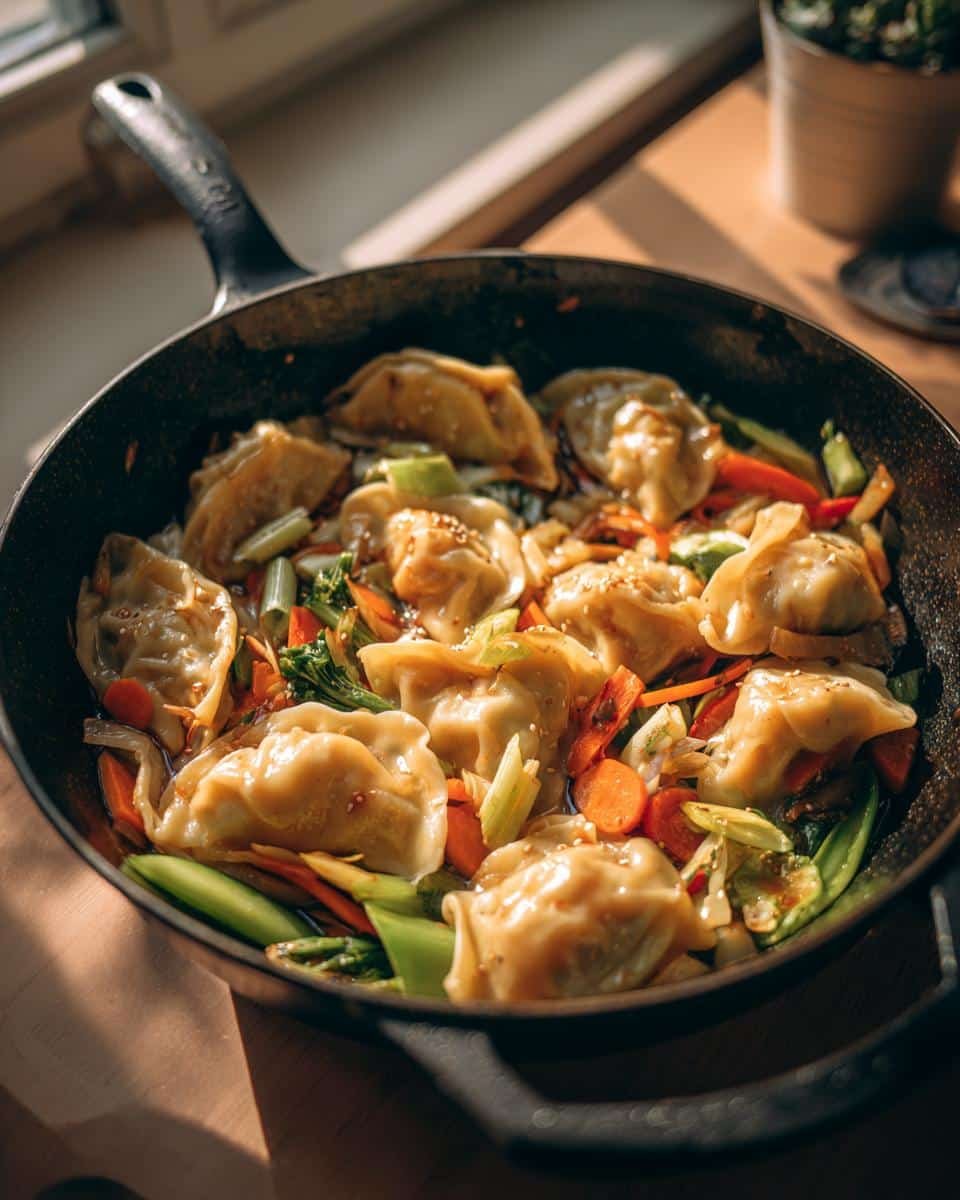 Easy Potsticker Stir Fry Recipe: Delicious in 20 Minutes 7 A pan filled with Easy Potsticker Stir Fry Recipe, featuring potstickers, carrots, and green vegetables.