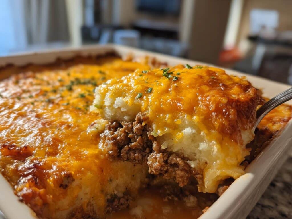 A spoonful of Easy Shepherd’s Pie Casserole being lifted from a baking dish, showing layers of meat, potatoes, and cheese.