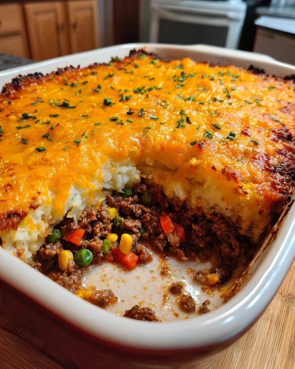 Easy Shepherd’s Pie Casserole: Shockingly Simple Recipe 9 A partially eaten Easy Shepherd’s Pie Casserole in a baking dish, showing layers of meat, vegetables, and mashed potato topping.
