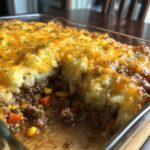 Close-up of Easy Shepherd’s Pie Casserole in a glass baking dish, showing layers of meat, vegetables, and mashed potato topping.