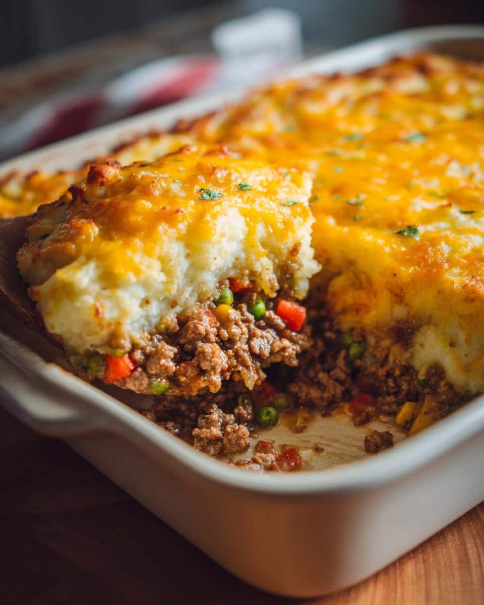 Easy Shepherd’s Pie Casserole: Shockingly Simple Recipe 8 Close-up of a spoonful of Easy Shepherd’s Pie Casserole, showing the layers of meat, vegetables, and mashed potato topping.