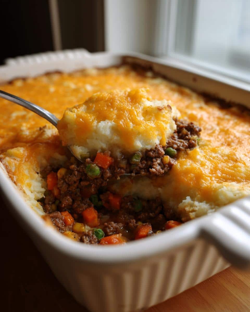Easy Shepherd’s Pie Casserole: Shockingly Simple Recipe 7 Spoonful of Easy Shepherd’s Pie Casserole being lifted from a baking dish, showing layers of meat, vegetables, and mashed potato topping.