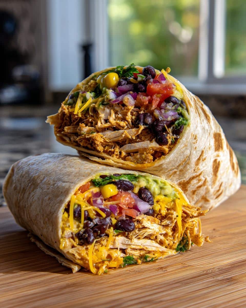 Easy Southwest Chicken Wrap: Ditch SAD Lunch 7 Two halves of an Easy Southwest Chicken Wrap showing chicken, black beans, cheese, and other fillings.
