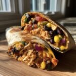 An Easy Southwest Chicken Wrap cut in half, showing the filling of chicken, black beans, corn, and other vegetables.