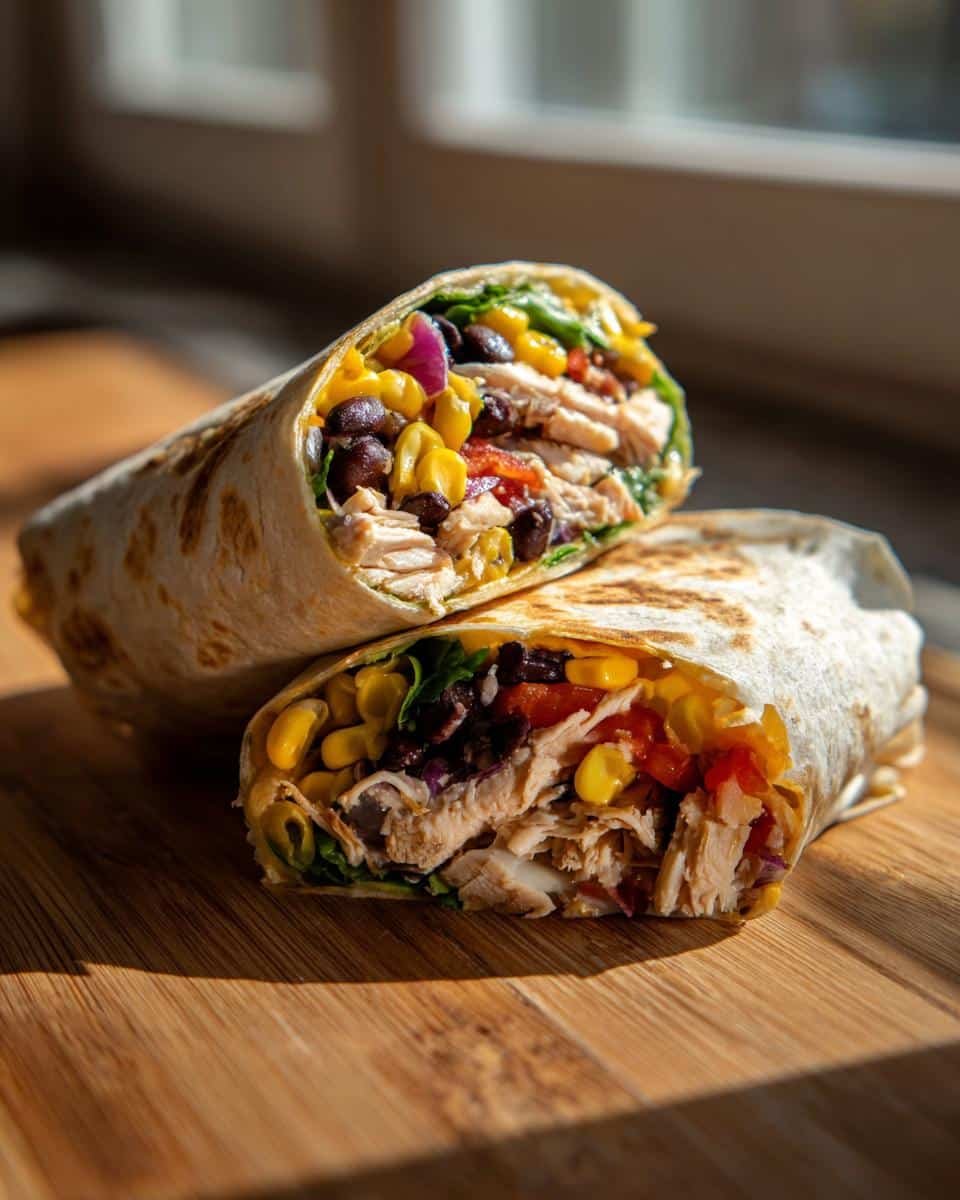 Easy Southwest Chicken Wrap: Ditch SAD Lunch 8 Two halves of an Easy Southwest Chicken Wrap showing chicken, corn, black beans, and other fillings.