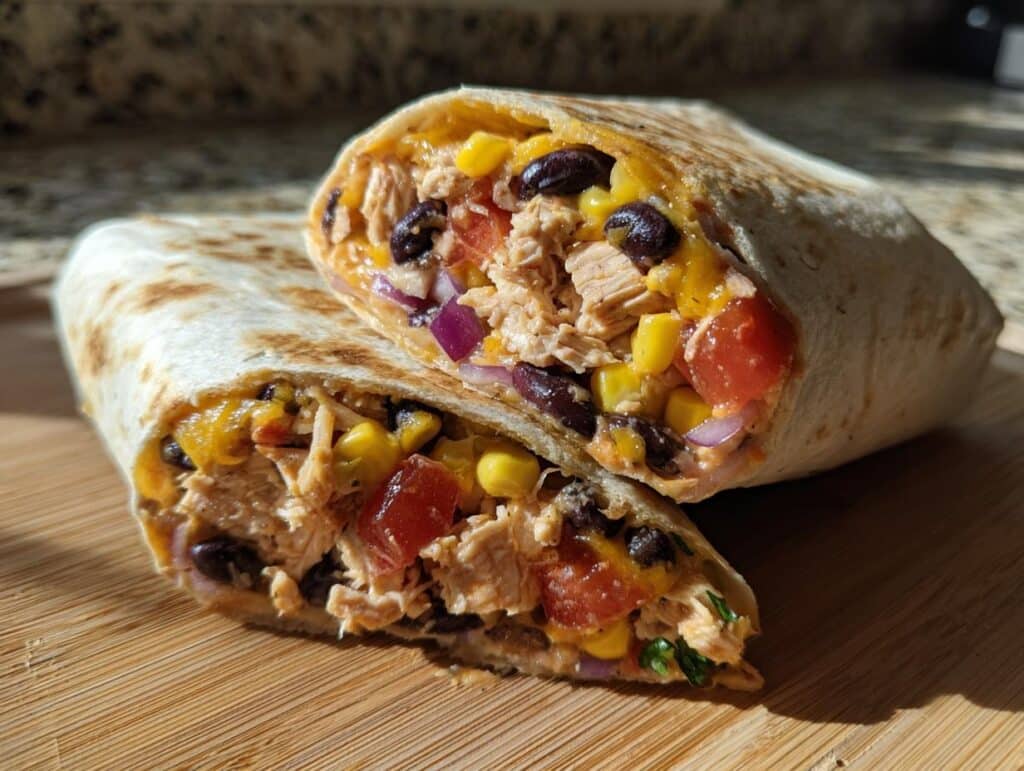 Two halves of an Easy Southwest Chicken Wrap showing the filling of chicken, corn, black beans, and cheese.
