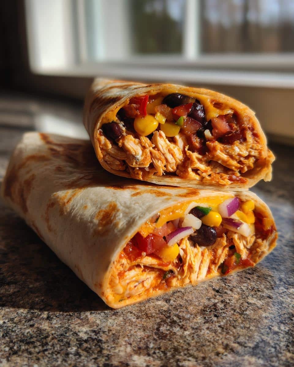 Easy Southwest Chicken Wrap: Ditch SAD Lunch 9 Two halves of an Easy Southwest Chicken Wrap, showcasing the filling of chicken, beans, corn, and vegetables.