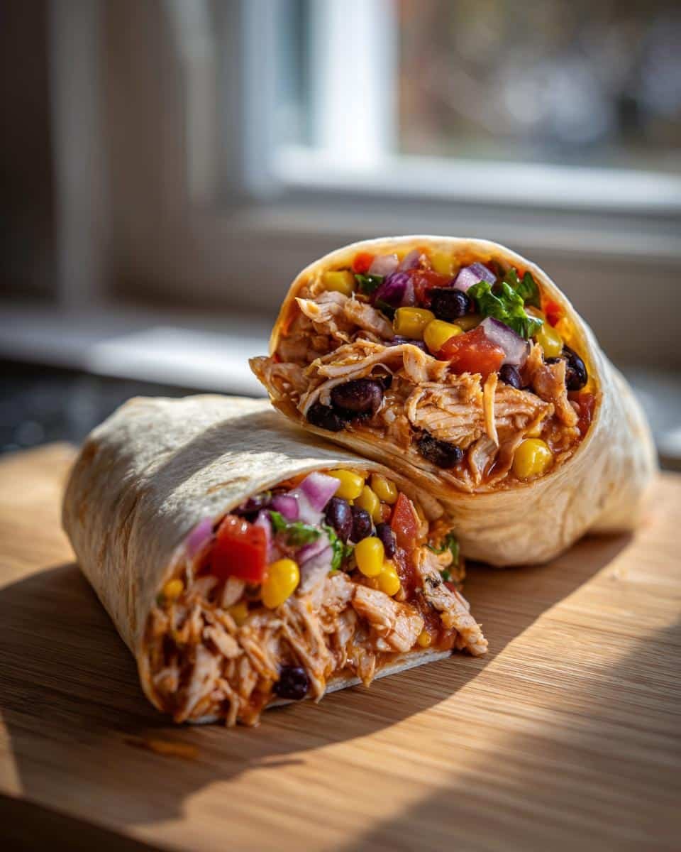 Easy Southwest Chicken Wrap: Ditch SAD Lunch 6 An Easy Southwest Chicken Wrap cut in half, showing the chicken, black beans, corn, and other fillings.