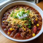A bowl of Easy Taco Soup Recipe topped with sour cream, cheese, and green onions.