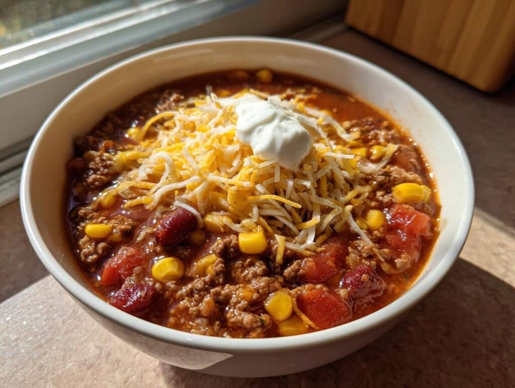 A bowl of Easy Taco Soup Recipe, topped with shredded cheese and a dollop of sour cream.