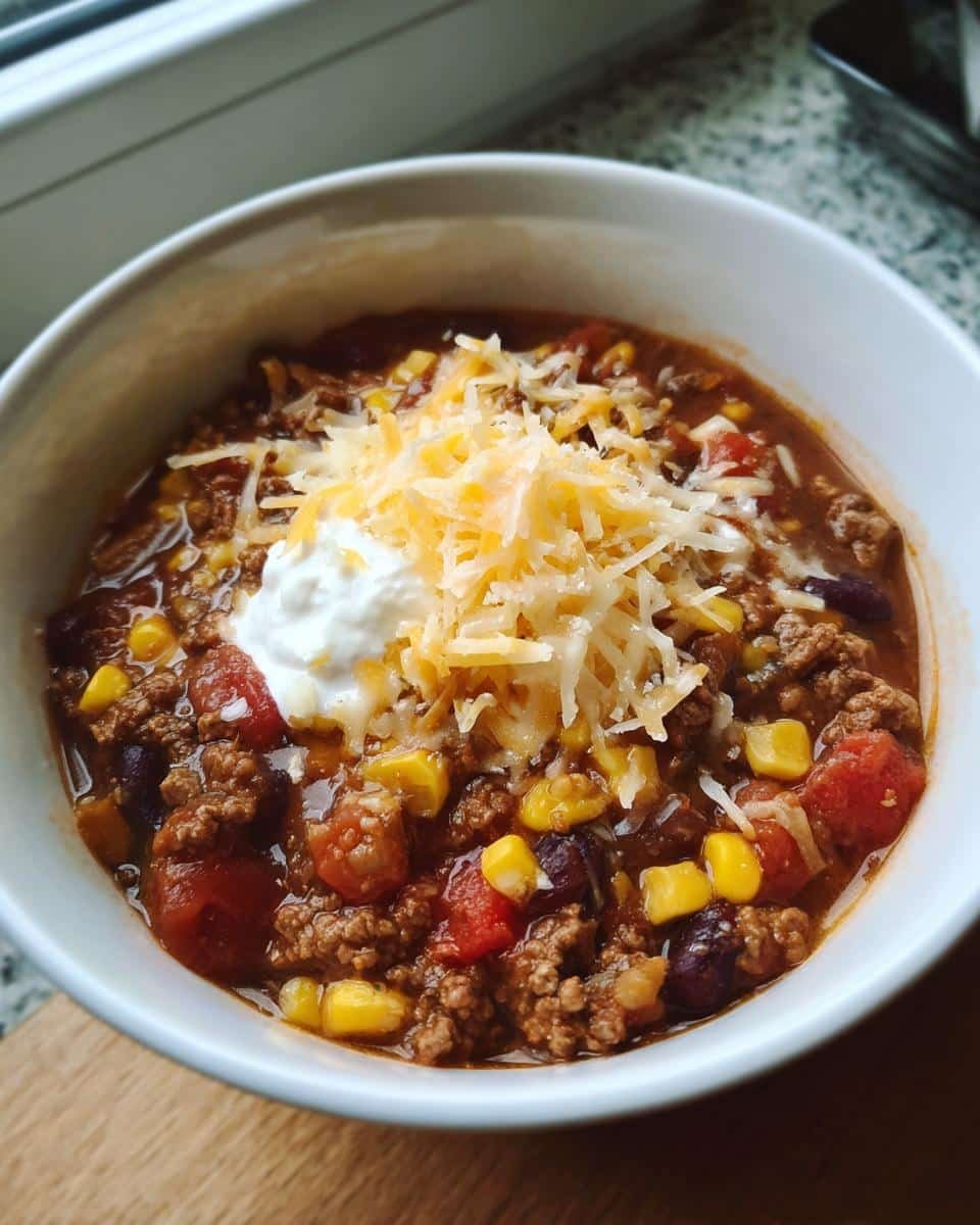 Disgustingly Easy Taco Soup Recipe in 30 Minutes 6 A bowl of Easy Taco Soup Recipe, topped with shredded cheese and a dollop of sour cream.