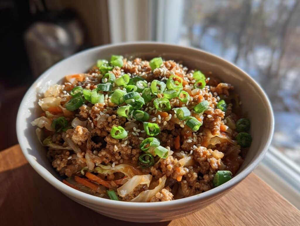 A delicious bowl of Egg Roll Bowls with Chicken and Cabbage, topped with sesame seeds and green onions.