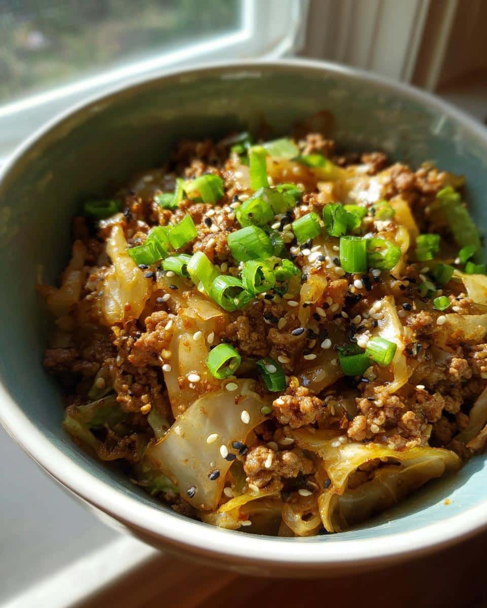 Unbelievable Egg Roll Bowls with Chicken and Cabbage in 20 6 A vibrant bowl of Egg Roll Bowls with Chicken and Cabbage, garnished with sesame seeds and green onions.