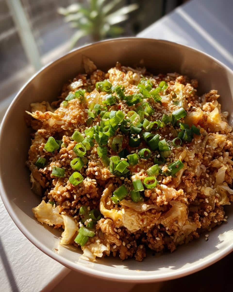 Unbelievable Egg Roll Bowls with Chicken and Cabbage in 20 7 A close-up of Egg Roll Bowls with Chicken and Cabbage, topped with green onions and sesame seeds.
