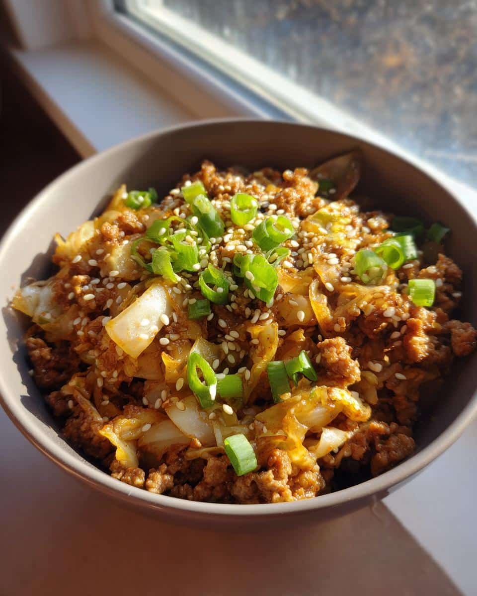 Unbelievable Egg Roll Bowls with Chicken and Cabbage in 20 8 A close-up of Egg Roll Bowls with Chicken and Cabbage, garnished with sesame seeds and green onions.
