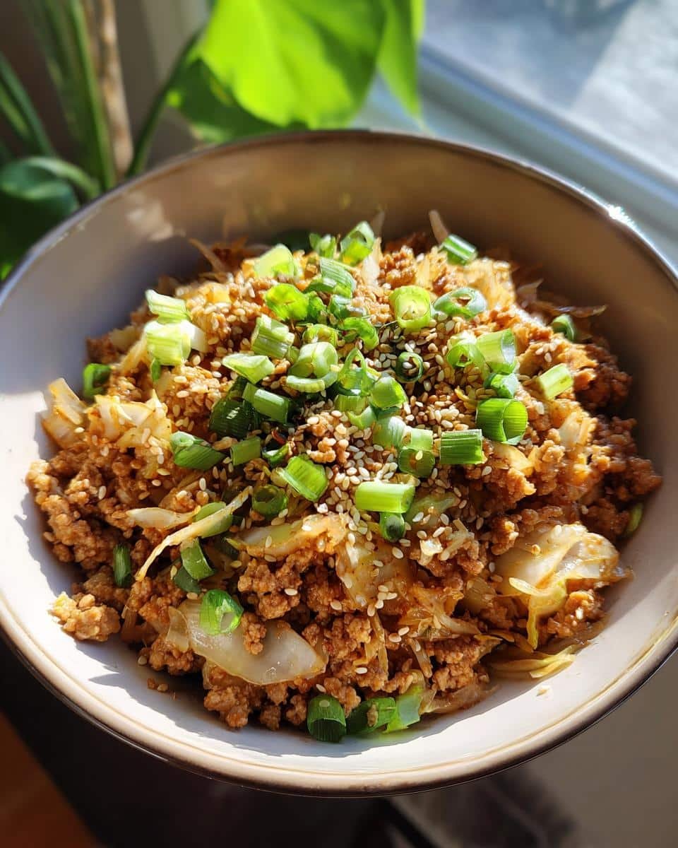 Unbelievable Egg Roll Bowls with Chicken and Cabbage in 20 9 A delicious bowl of Egg Roll Bowls with Chicken and Cabbage, topped with sesame seeds and green onions.