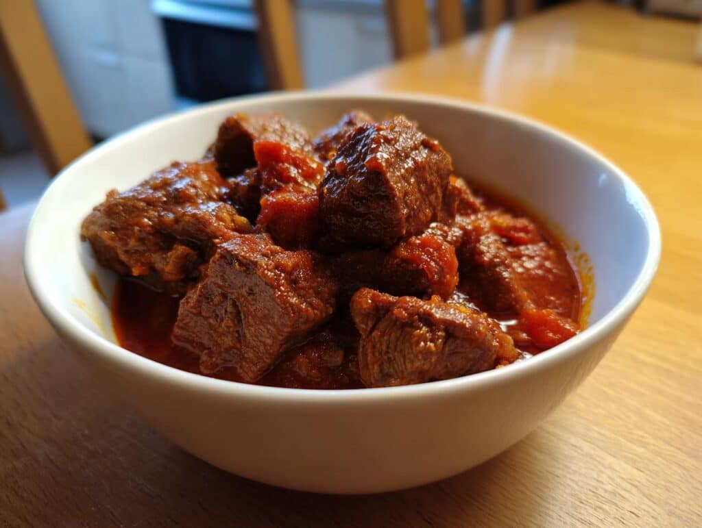 A bowl of delicious Egyptian Beef Goulash, featuring tender beef cubes in a rich, flavorful sauce.