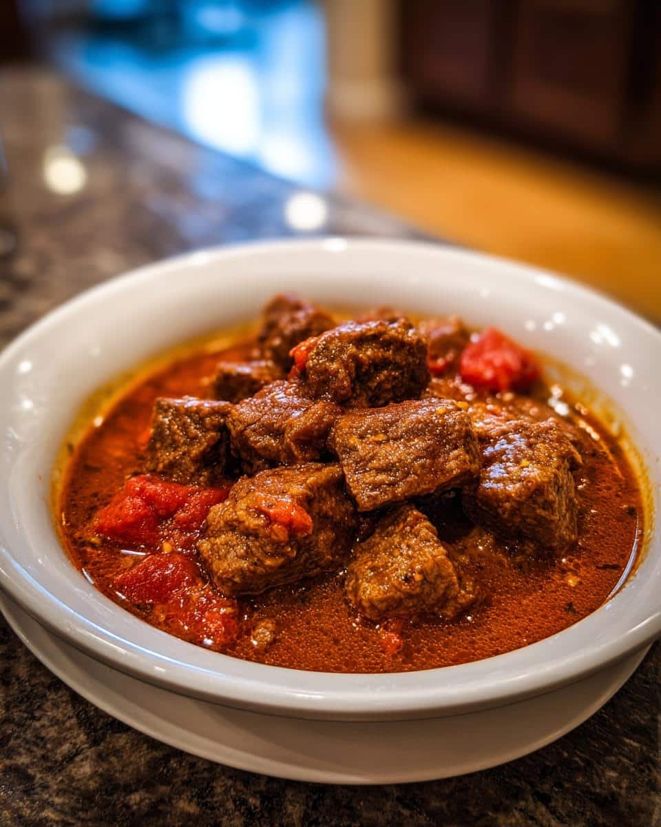 Egyptian Beef Goulash: 2-Hour Unbelievably Tasty Dish 6 A bowl of hearty Egyptian Beef Goulash, featuring tender beef cubes in rich, tomato-based sauce.