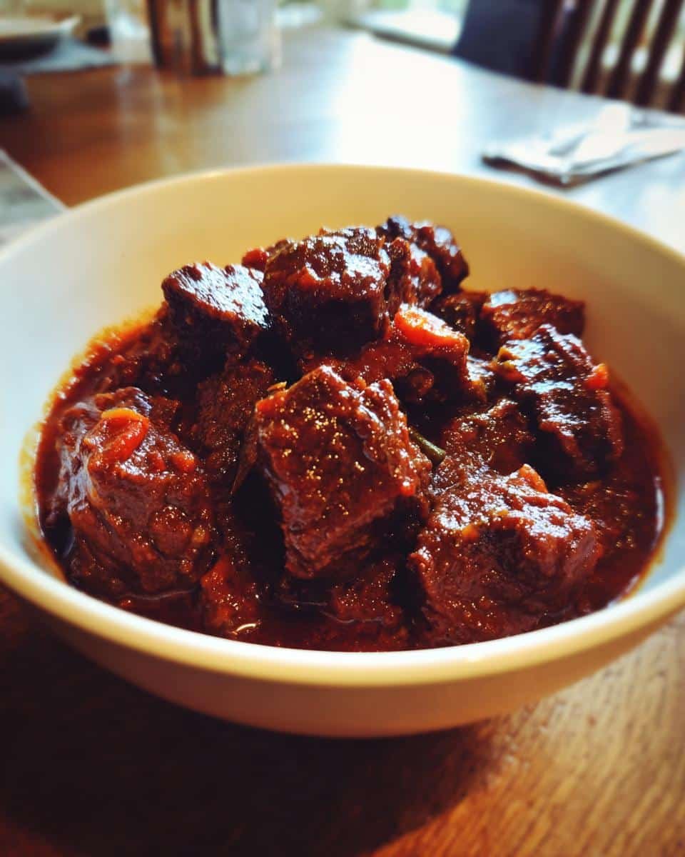 Egyptian Beef Goulash: 2-Hour Unbelievably Tasty Dish 7 Close-up of a bowl of delicious Egyptian Beef Goulash, featuring tender beef cubes in a rich, flavorful sauce.