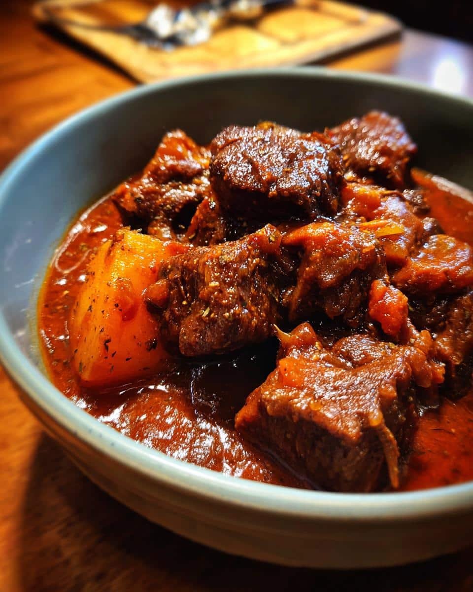 Egyptian Beef Goulash: 2-Hour Unbelievably Tasty Dish 8 Close-up of a bowl of delicious Egyptian Beef Goulash with tender beef and potatoes in a rich sauce.