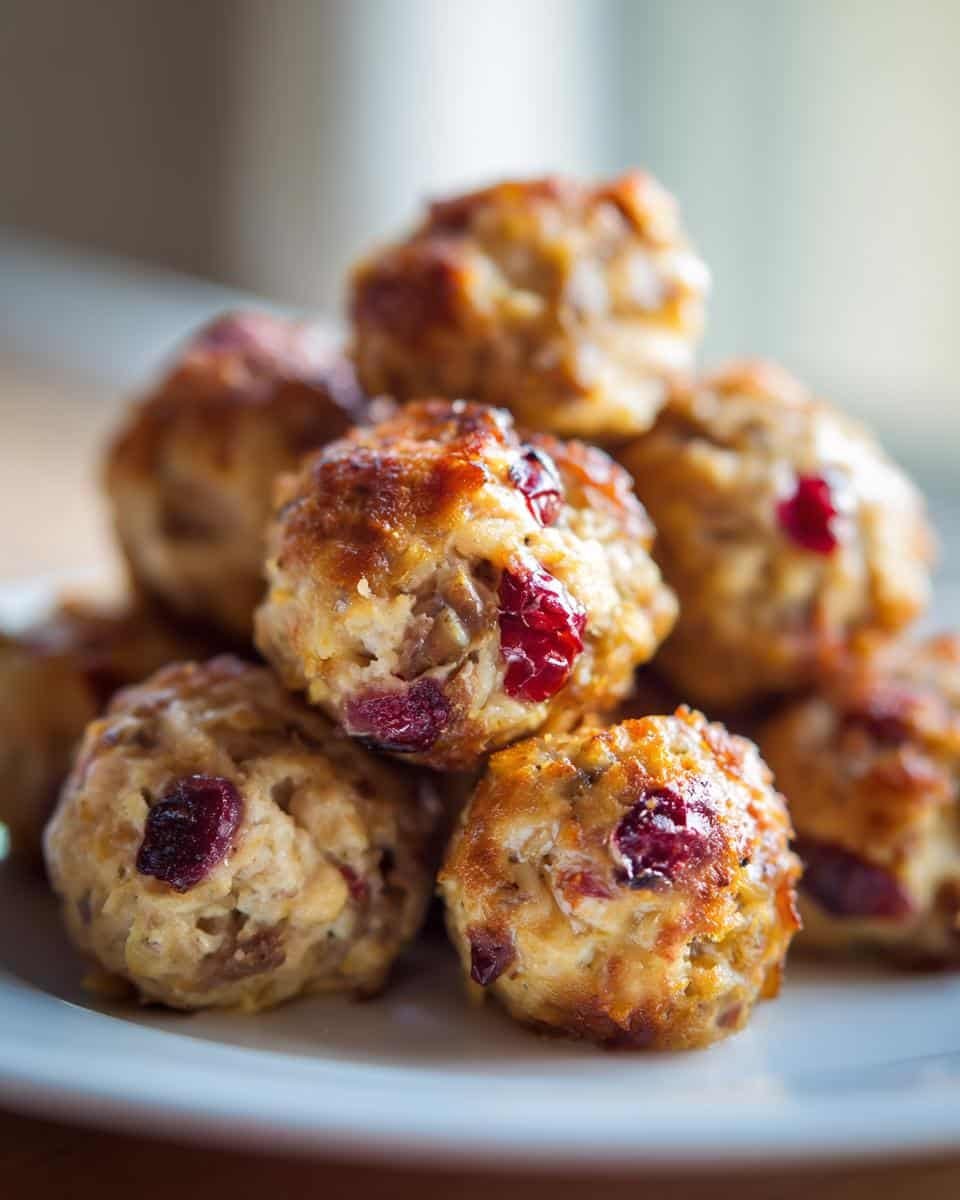 Festive Cranberry Turkey Stuffing Balls: Ditch Dread 6 A stack of golden brown Festive Cranberry Turkey Stuffing Balls on a white plate.