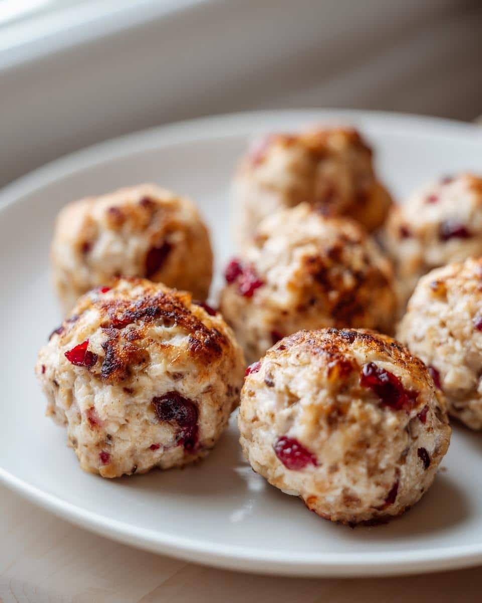Festive Cranberry Turkey Stuffing Balls: Ditch Dread 9 A plate of golden-brown Festive Cranberry Turkey Stuffing Balls, perfect for the holidays.