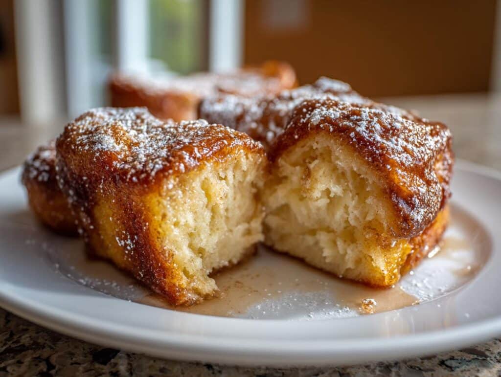 Close-up of Fluffy Cinnamon Roll French Toast Bites dusted with powdered sugar on a white plate.