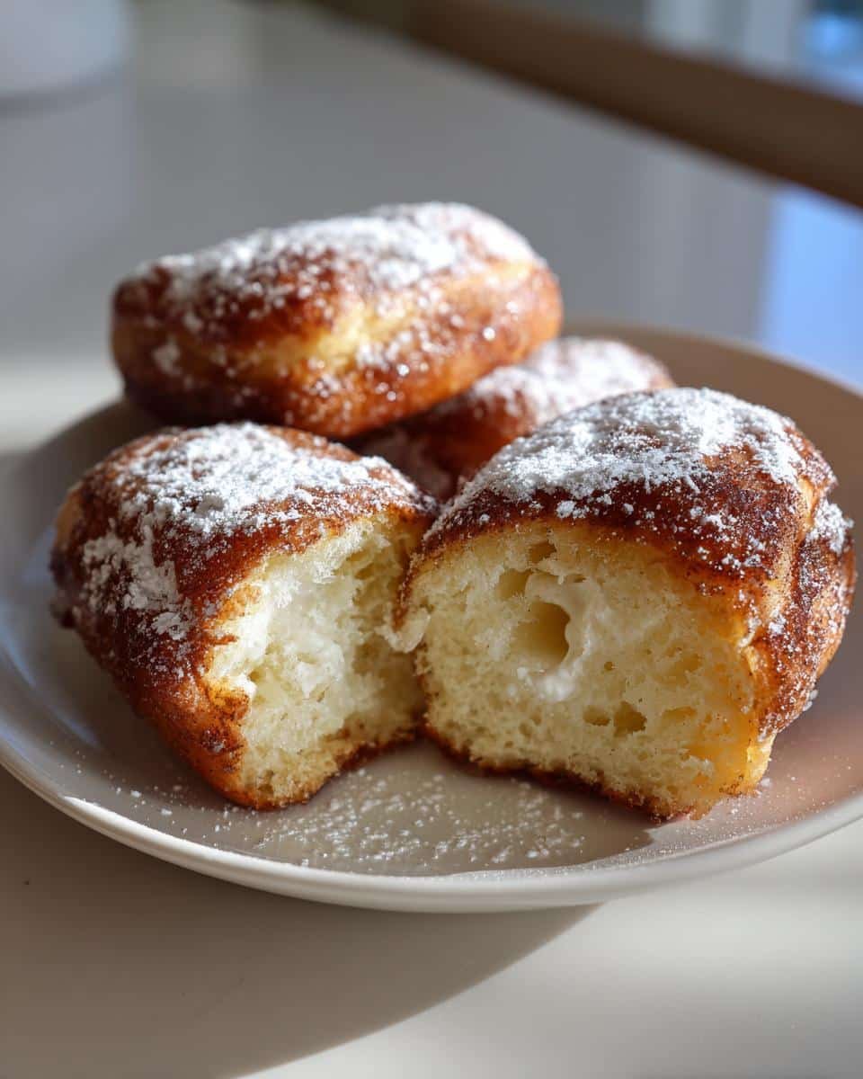 Irresistible Fluffy Cinnamon Roll French Toast Bites Recipe 7 Close-up of Fluffy Cinnamon Roll French Toast Bites dusted with powdered sugar on a white plate.