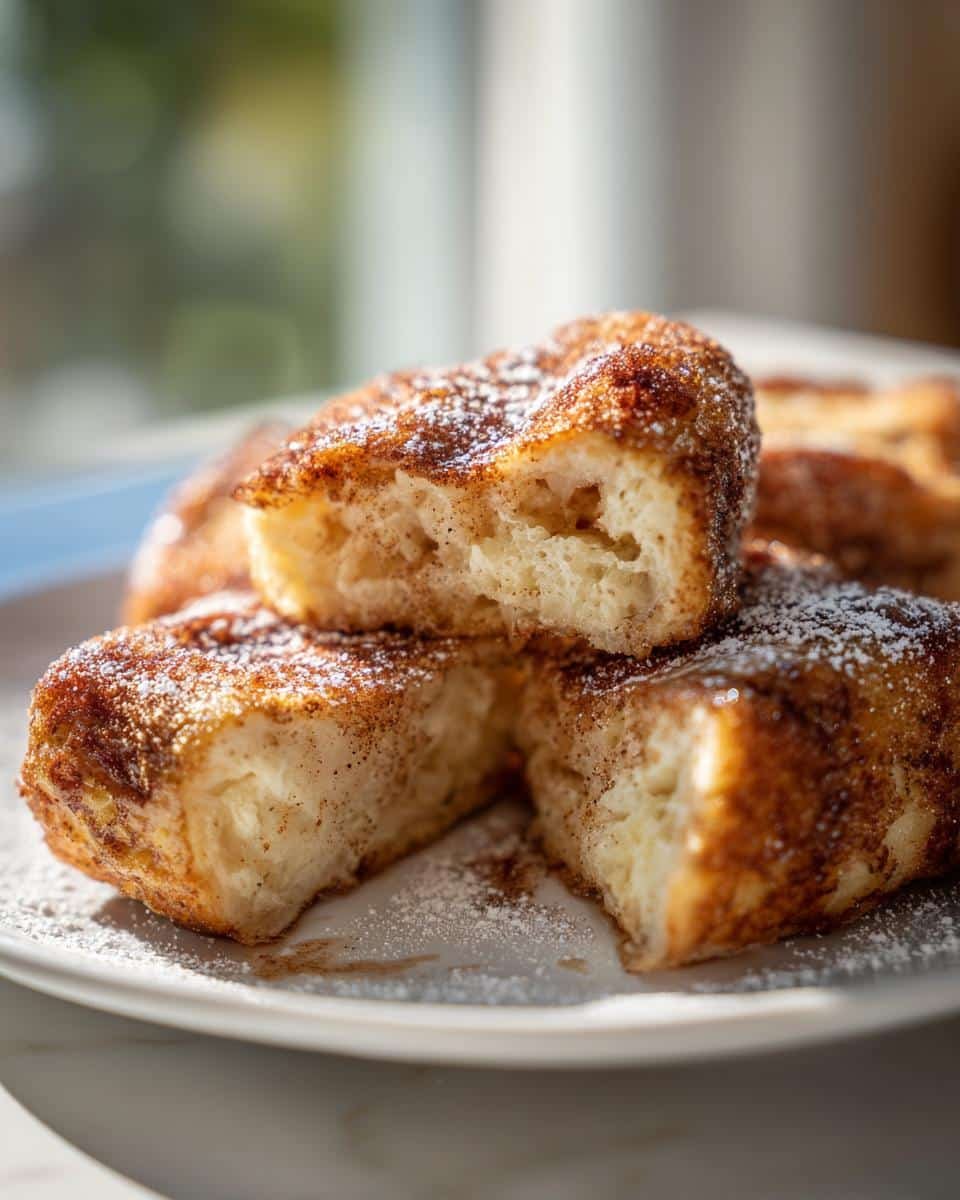 Irresistible Fluffy Cinnamon Roll French Toast Bites Recipe 9 Close-up of Fluffy Cinnamon Roll French Toast Bites, dusted with powdered sugar on a white plate.