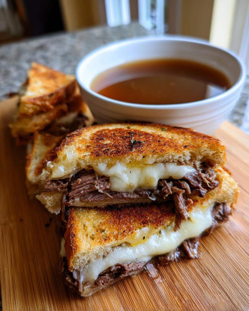 French Dip Grilled Cheese: 2X Better, Sinfully Good 8 Close-up of a French Dip Grilled Cheese sandwich cut in half, served with a side of au jus.