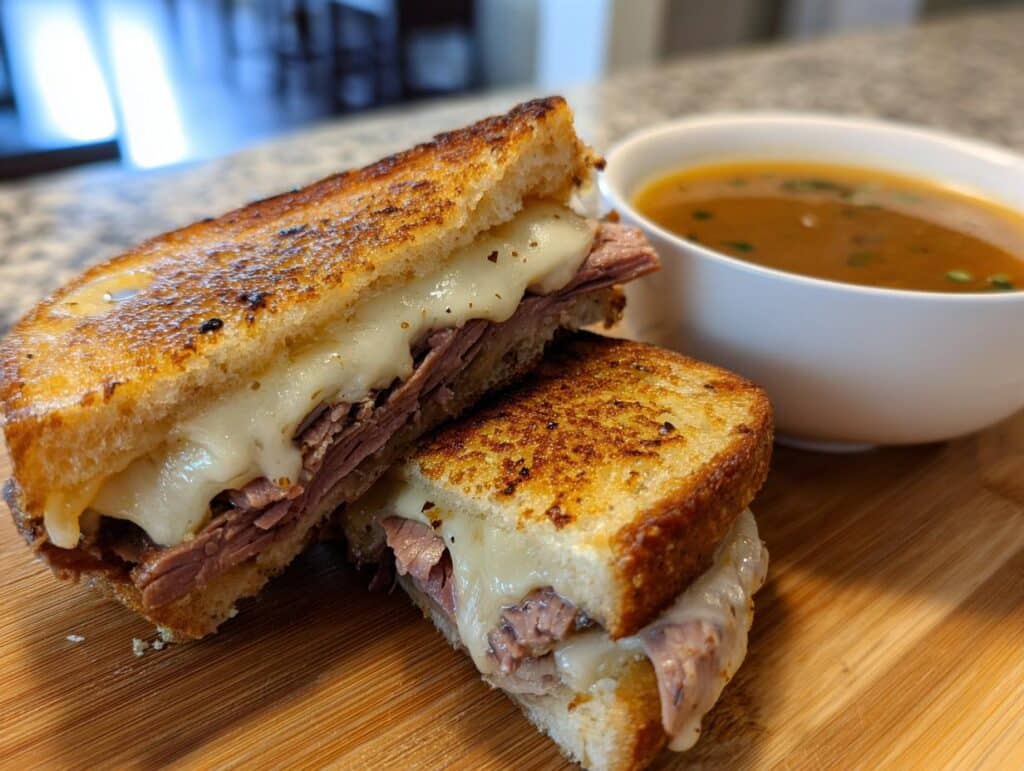 A delicious French Dip Grilled Cheese sandwich cut in half, served with a bowl of au jus.