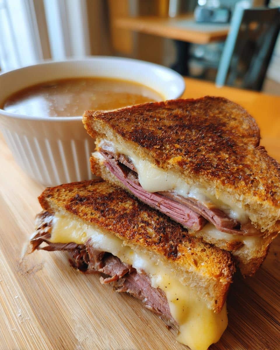 French Dip Grilled Cheese: 2X Better, Sinfully Good 9 A delicious French Dip Grilled Cheese sandwich cut in half, with a side of au jus for dipping.