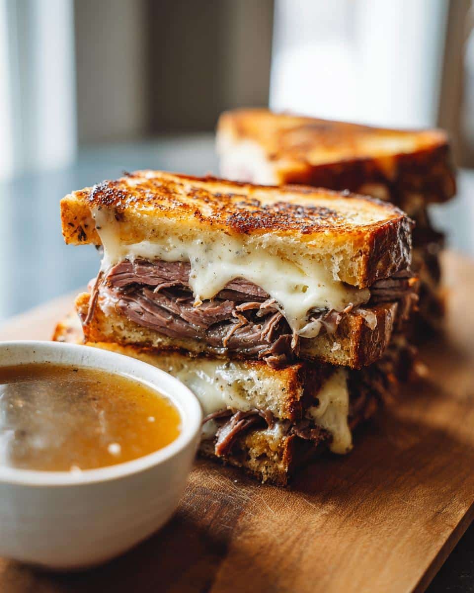 French Dip Grilled Cheese: 2X Better, Sinfully Good 7 A stack of French Dip Grilled Cheese sandwiches with melted cheese and a side of au jus for dipping.