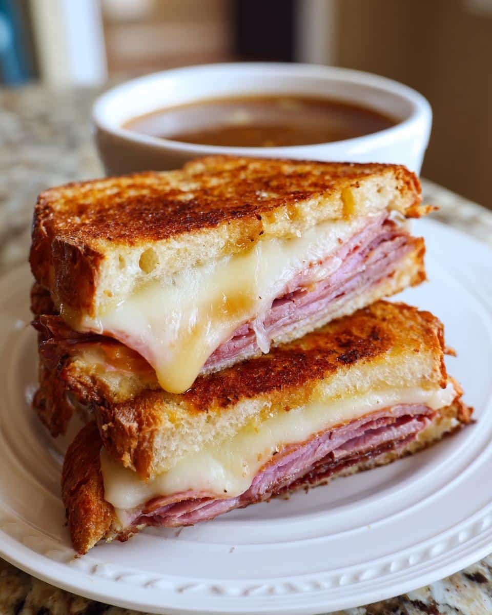 French Dip Grilled Cheese: 2X Better, Sinfully Good 6 Stack of French Dip Grilled Cheese sandwiches with melted cheese and a side of au jus.