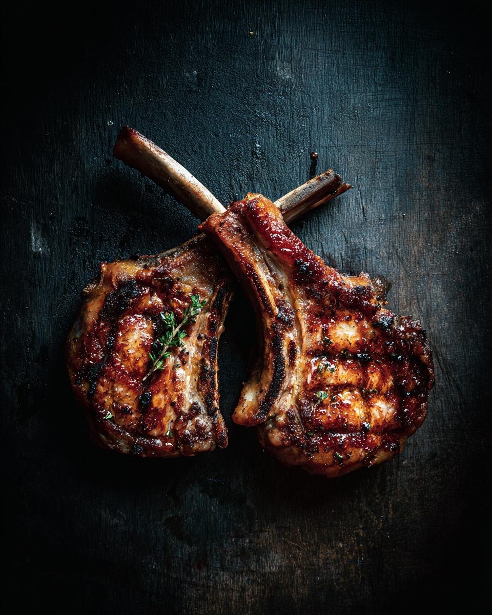 French Onion Pork Chops: Shockingly Easy 7-Step Recipe 9 Two grilled French Onion Pork Chops with bone-in, seasoned and garnished with thyme, on a dark wooden surface.