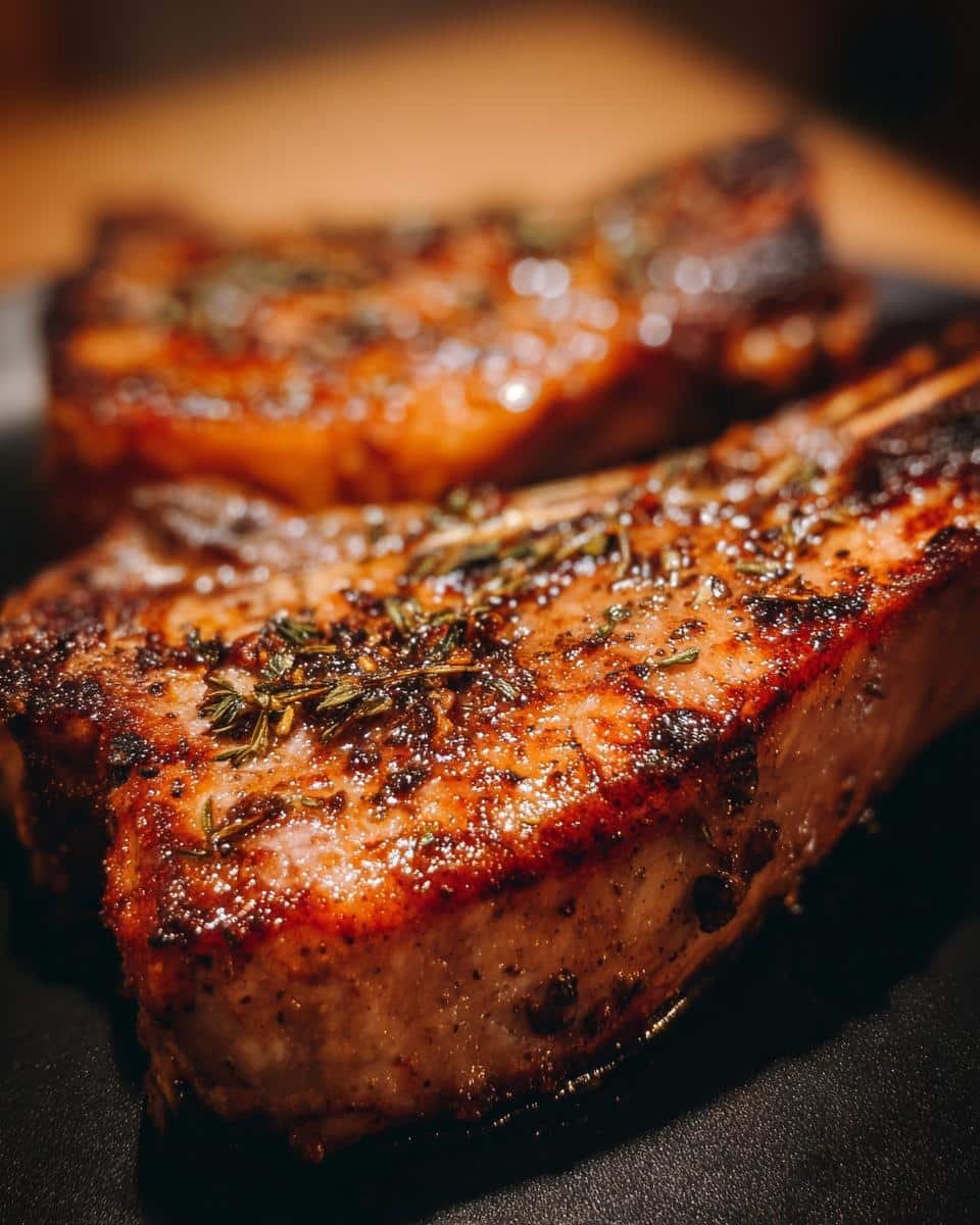French Onion Pork Chops: Shockingly Easy 7-Step Recipe 7 Close-up of two French Onion Pork Chops, seasoned with herbs, on a black plate.