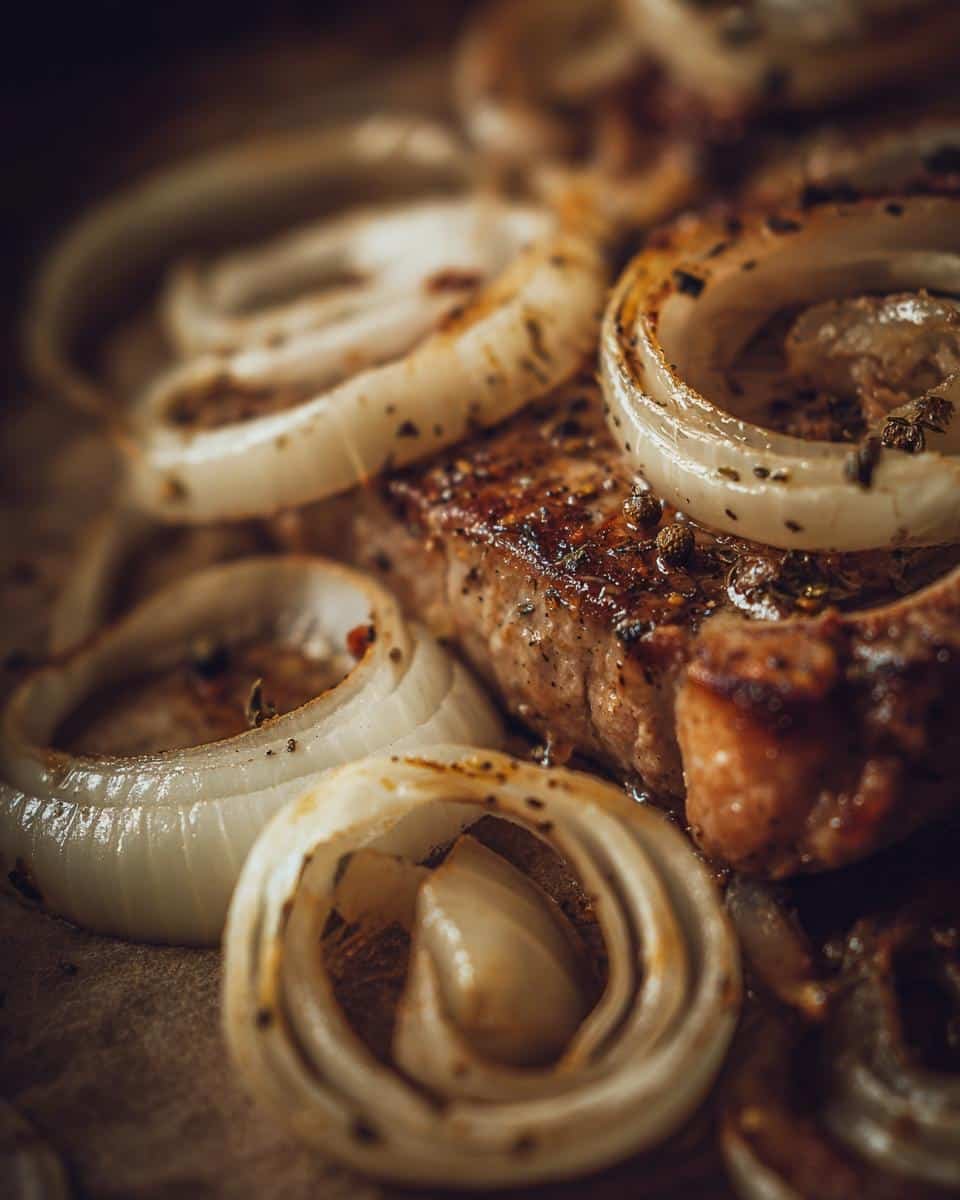 French Onion Pork Chops: Shockingly Easy 7-Step Recipe 8 Close-up of French Onion Pork Chops topped with seasoned onion rings.