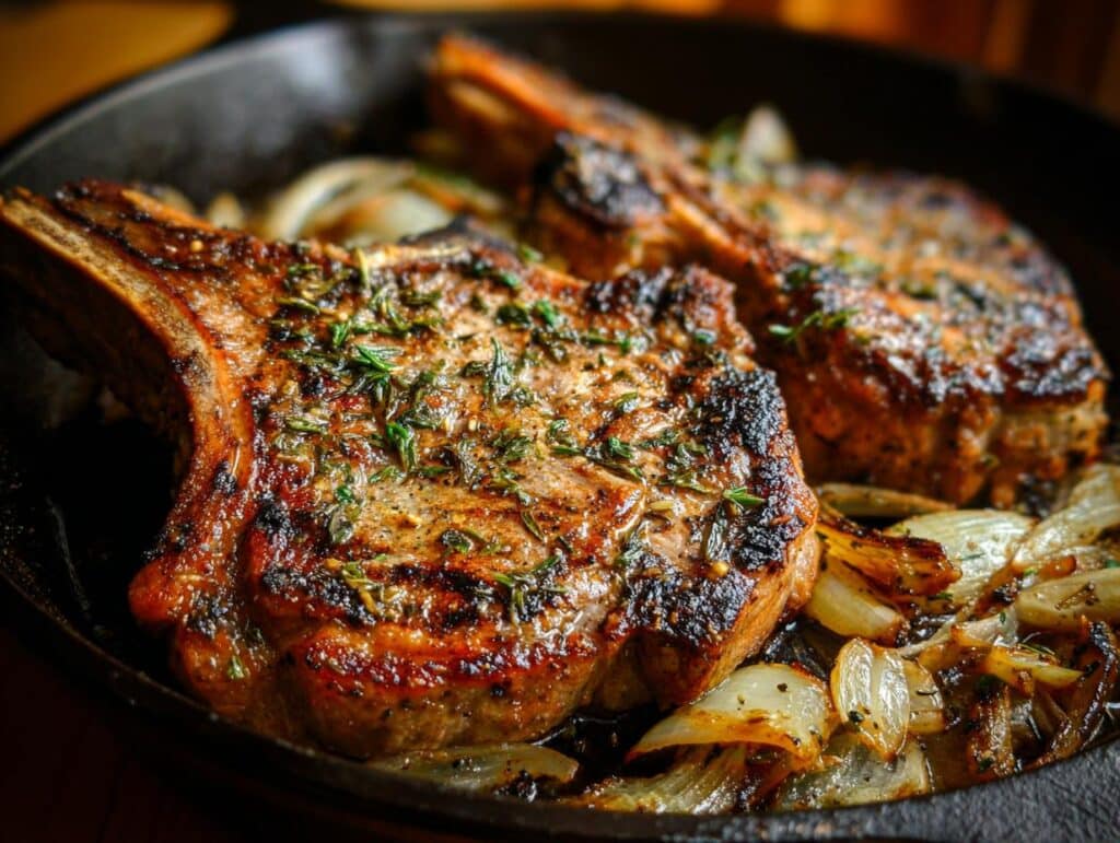 Two French Onion Pork Chops served in a cast iron skillet with caramelized onions and fresh herbs.