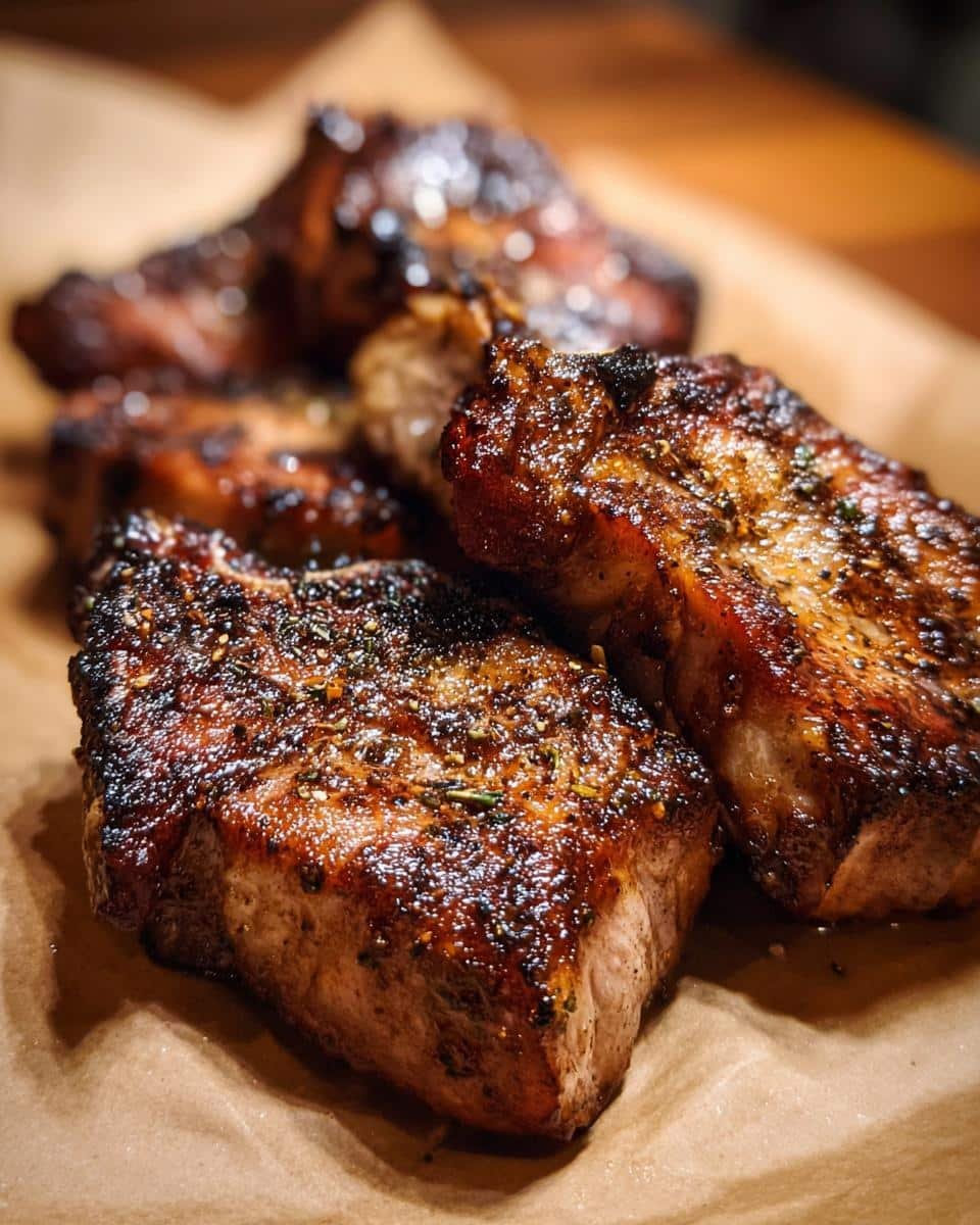 French Onion Pork Chops: Shockingly Easy 7-Step Recipe 6 Close-up of seasoned French Onion Pork Chops on brown paper, showcasing their juicy texture and caramelized crust.