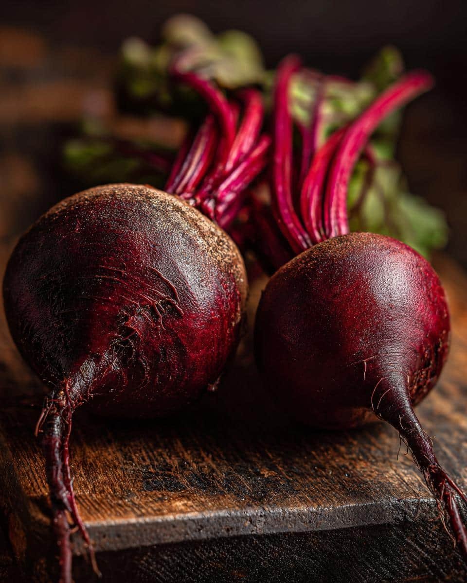 Beet and Orange Salad: 3 Secrets to a Blissful Taste 7 Two whole beets with stems and leaves on a rustic wooden board, ready for Beet and Orange Salad.