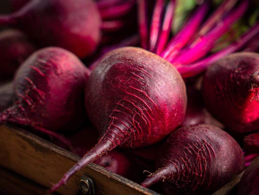 Close-up of fresh, whole beets in a wooden crate, ready for a Beet and Orange Salad.