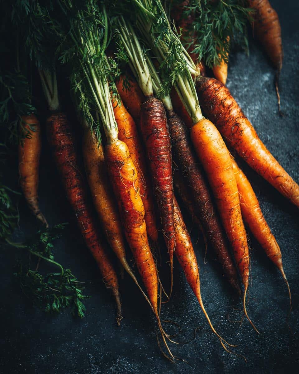 Raw Carrot Salad: Grandma's Unforgettable 4-Cup Recipe 6 Freshly harvested carrots with green tops, ready for making Raw Carrot Salad.
