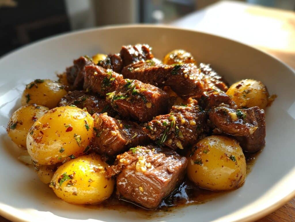 A plate of Garlic Butter Beef Bites and Potatoes, glistening with sauce and herbs.